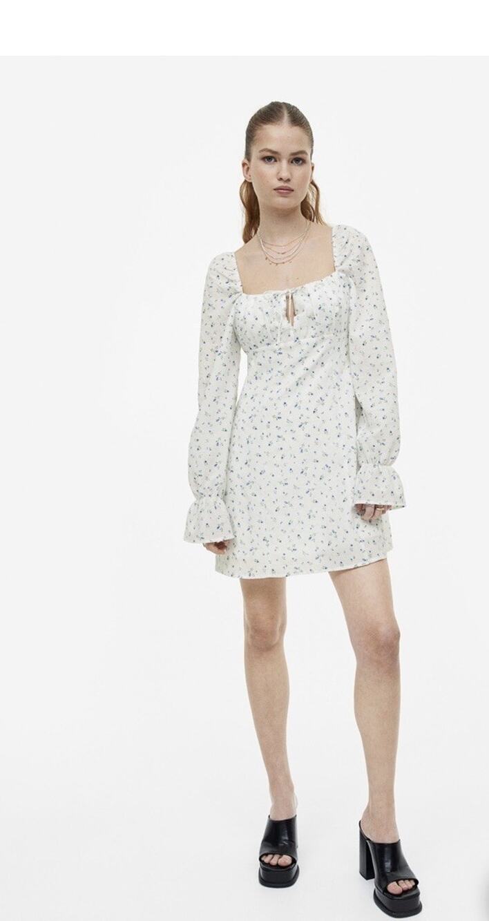 H&M Divided Women M White Blue Floral Mini Dress Puff Sleeve Cottagecore Y2K